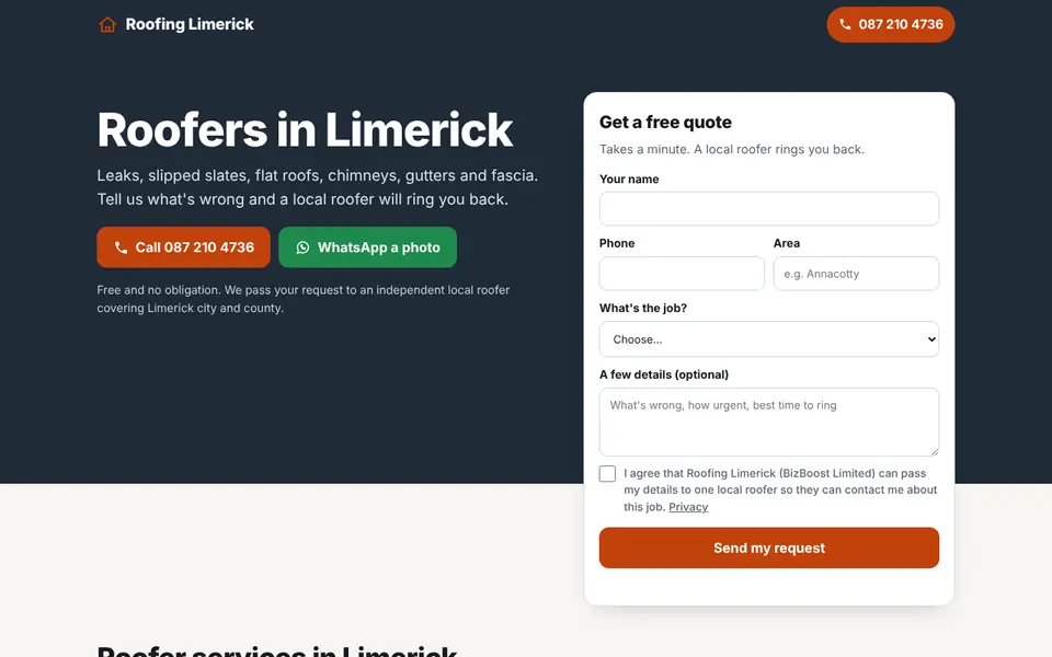 A local roofing website built by BizBoost